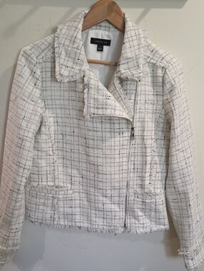 Ann Taylor Cream Tweed Asymmetrical Zip Jacket